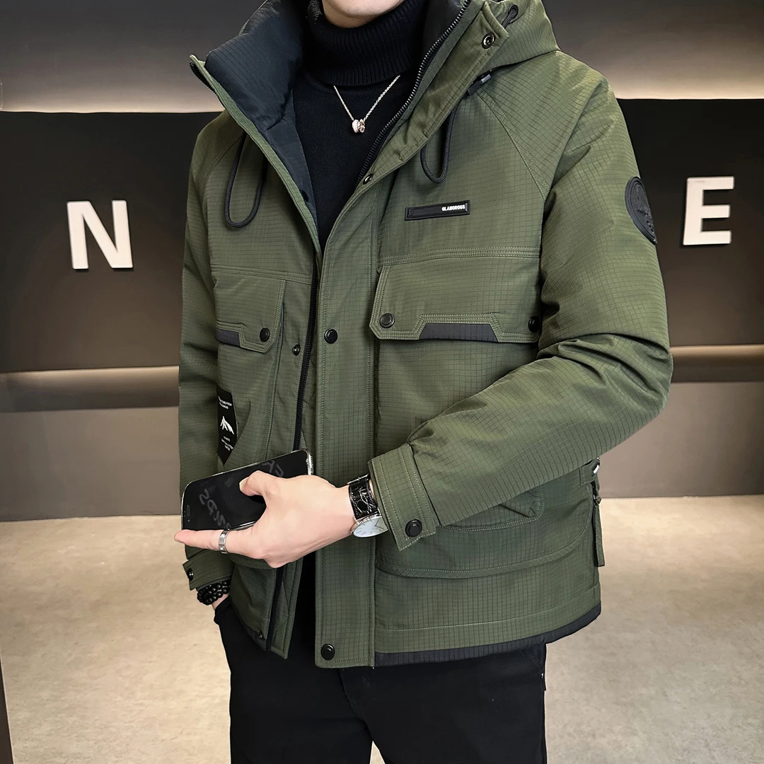 短款羽绒服男冬季加厚时尚新款潮牌百搭拼色多口袋白鸭绒休闲外套