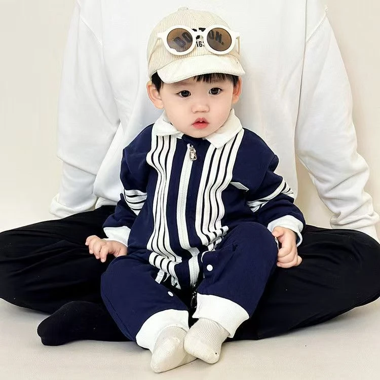 新款春秋款双层贴标八竖条翻领双拉链男女宝婴幼长袖连体衣爬爬服