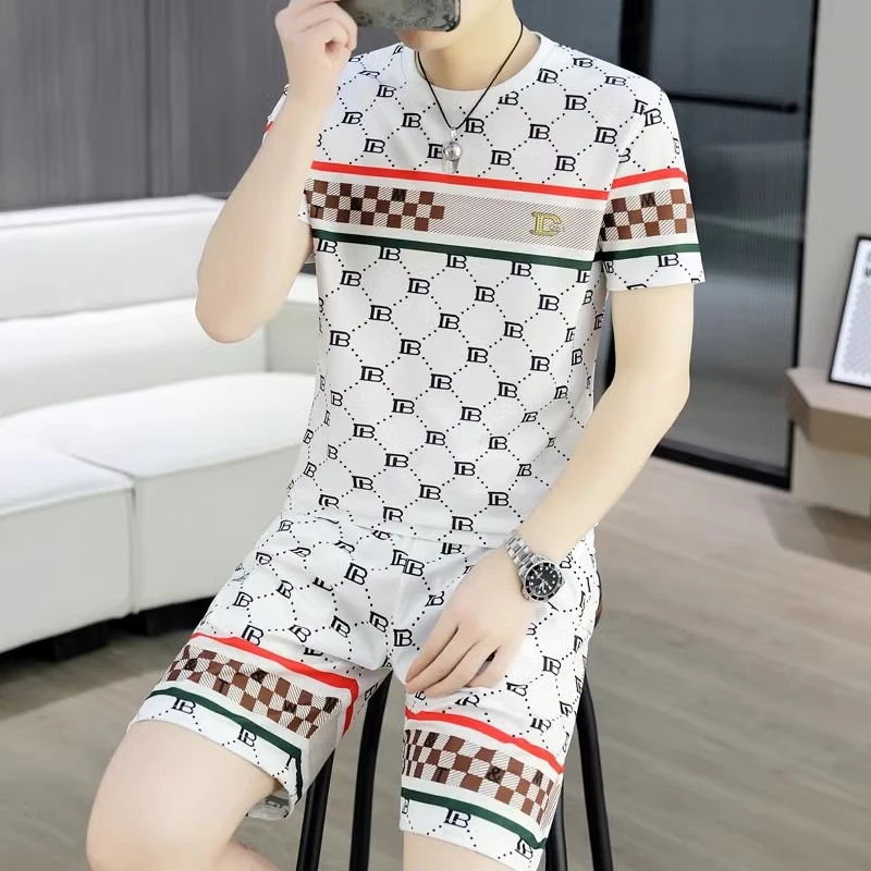 奈纽彼皮男士高端夏季短袖套装高级印染短袖短裤透气时尚休闲套装