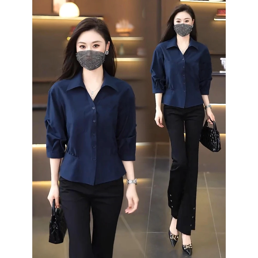 洋气七分袖衬衫女收腰显瘦2025早秋薄款韩版时尚减龄休闲百搭衬衣