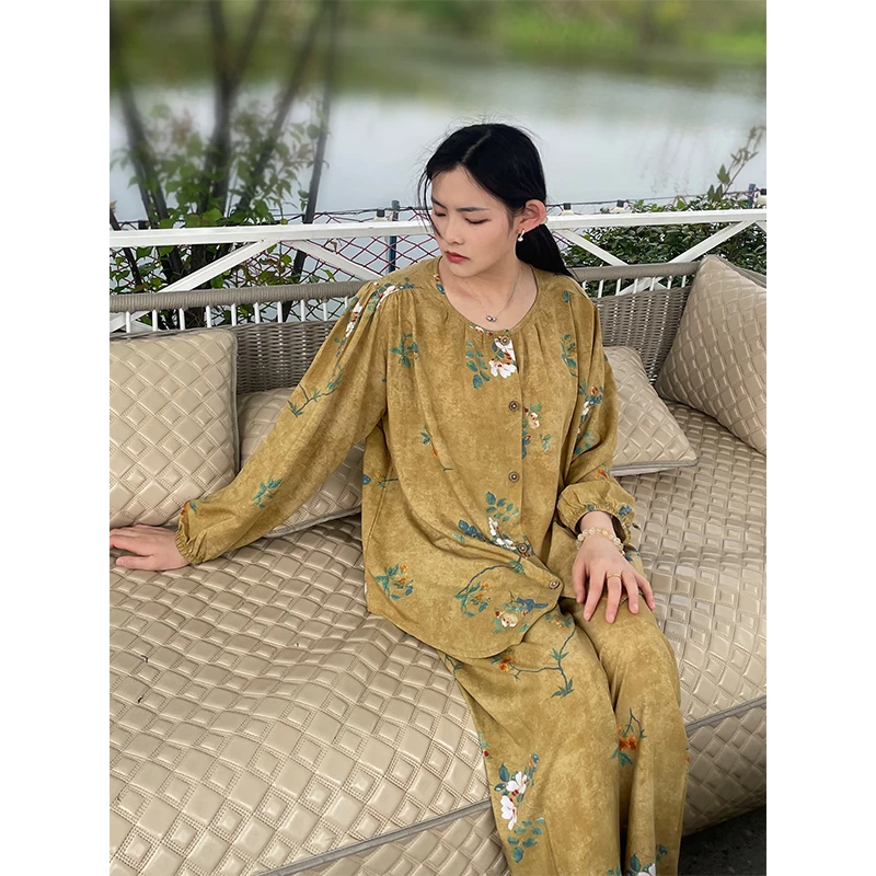 【长袖】新中式女套装春复古宽松文艺空调服防蚊衫防晒衣女士印花