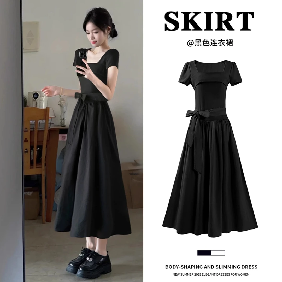 黑色方领连衣裙女夏季赫本风掐腰a字长裙长款夏日巨好看2025新款