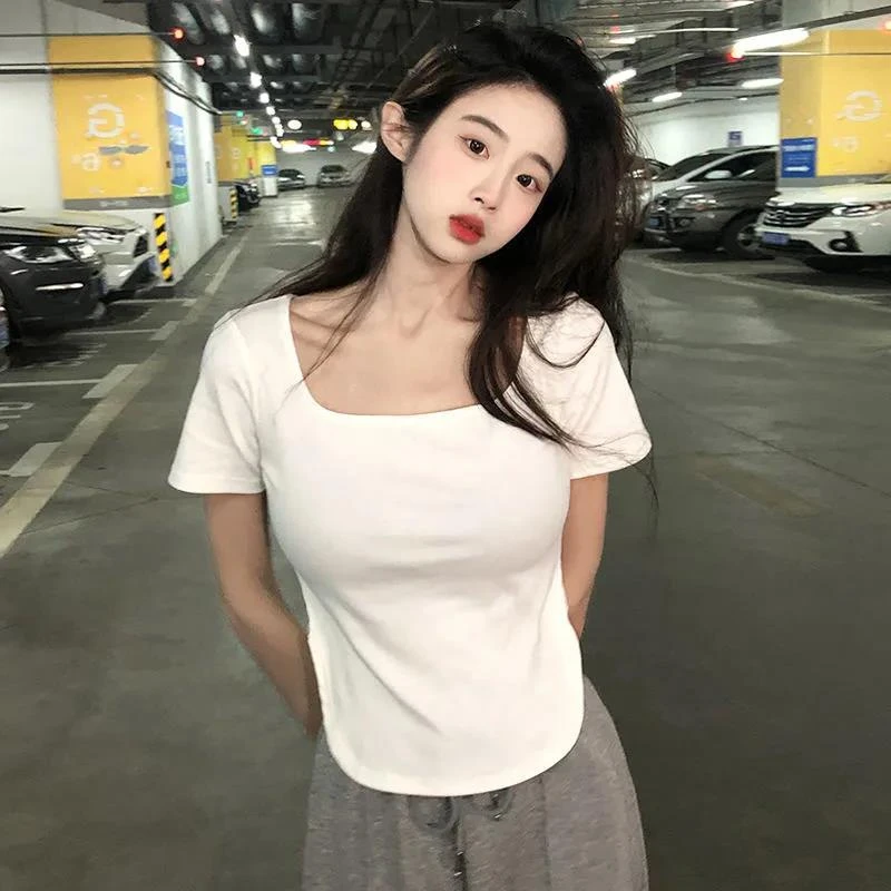 短袖T恤女夏季新款韩版修身显瘦休闲打底小众少女纯欲辣妹上衣