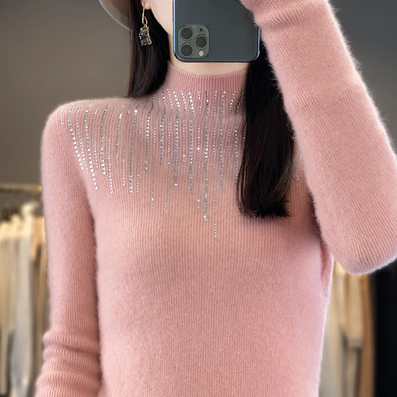 商场同款 烫钻半高领抽条纯羊毛衫女套头百搭毛衣针织打底衫R377