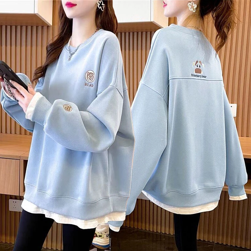 早秋撞色假两件卫衣女2025新款春秋韩版宽松薄款百搭刺绣上衣外套