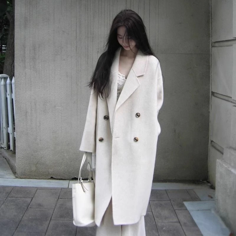 WAN【夹棉款】2024新款小个子韩版女加棉加厚毛呢大衣外套直筒正肩