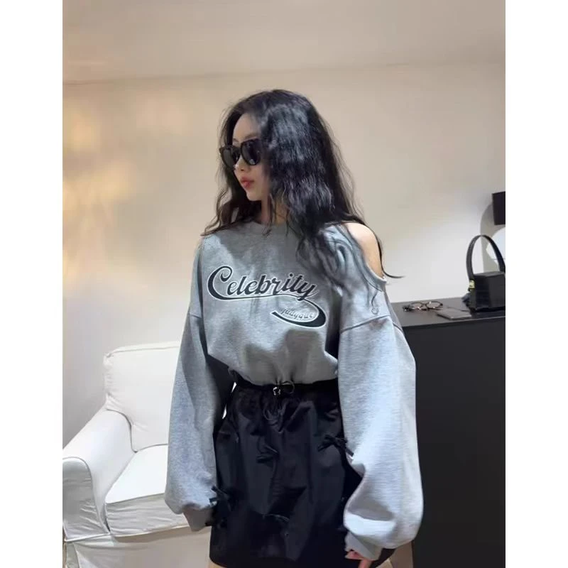 微胖大码女装2025春季新款套装韩系单侧漏肩卫衣+蝴蝶安全裤短裙