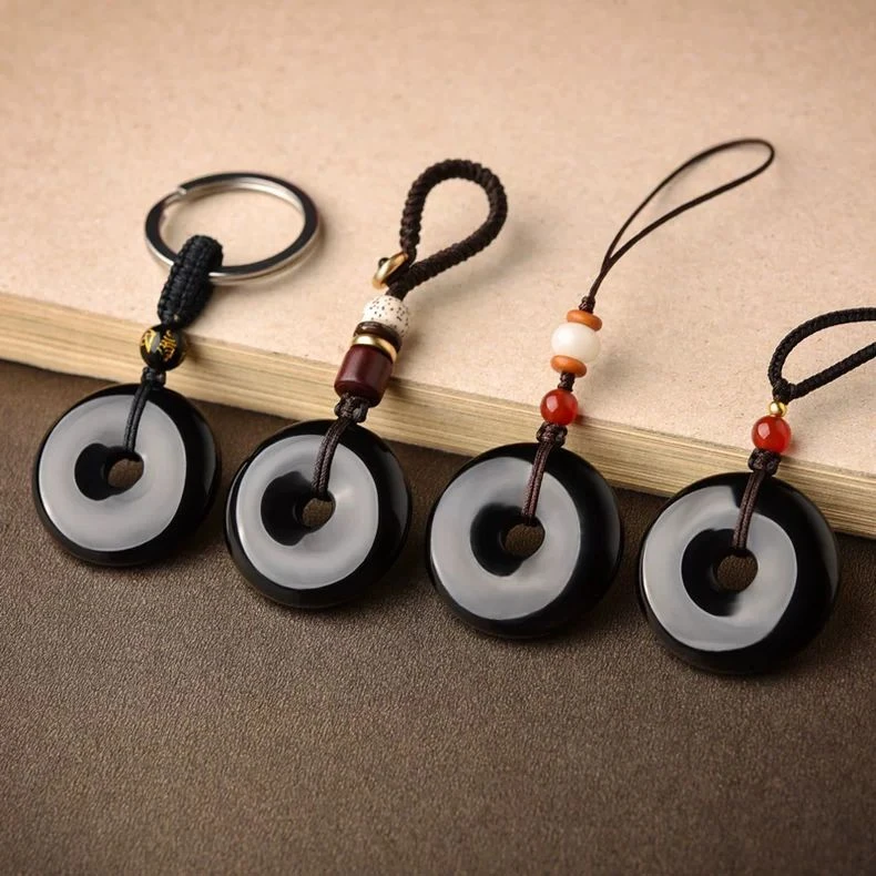 天然黑曜石光面平安扣吊坠钥匙扣链简约挂件男女本命年吉祥物