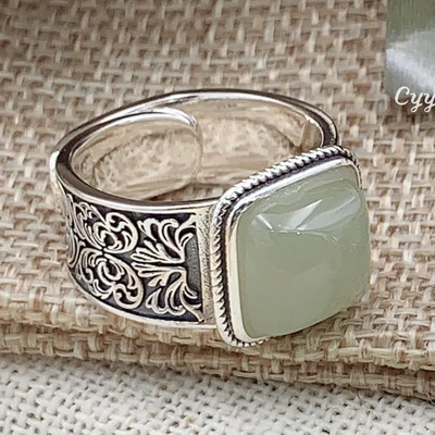 925银戒指 S925通体银镶嵌玉宽托厚实款大气风格新中式