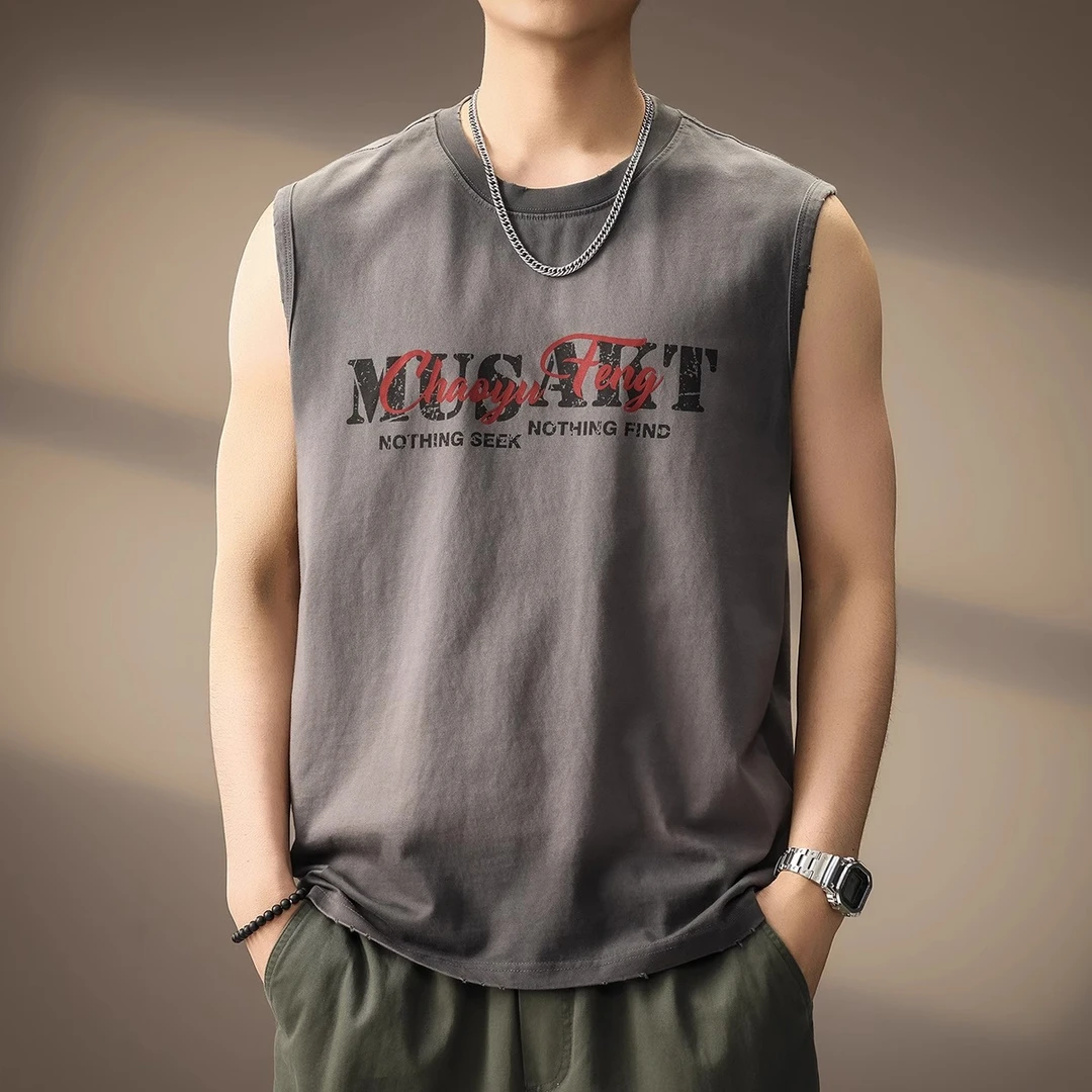 MR.MUDI/穆迪先生高端美式字母印花背心男夏新款坎肩无袖运动T恤