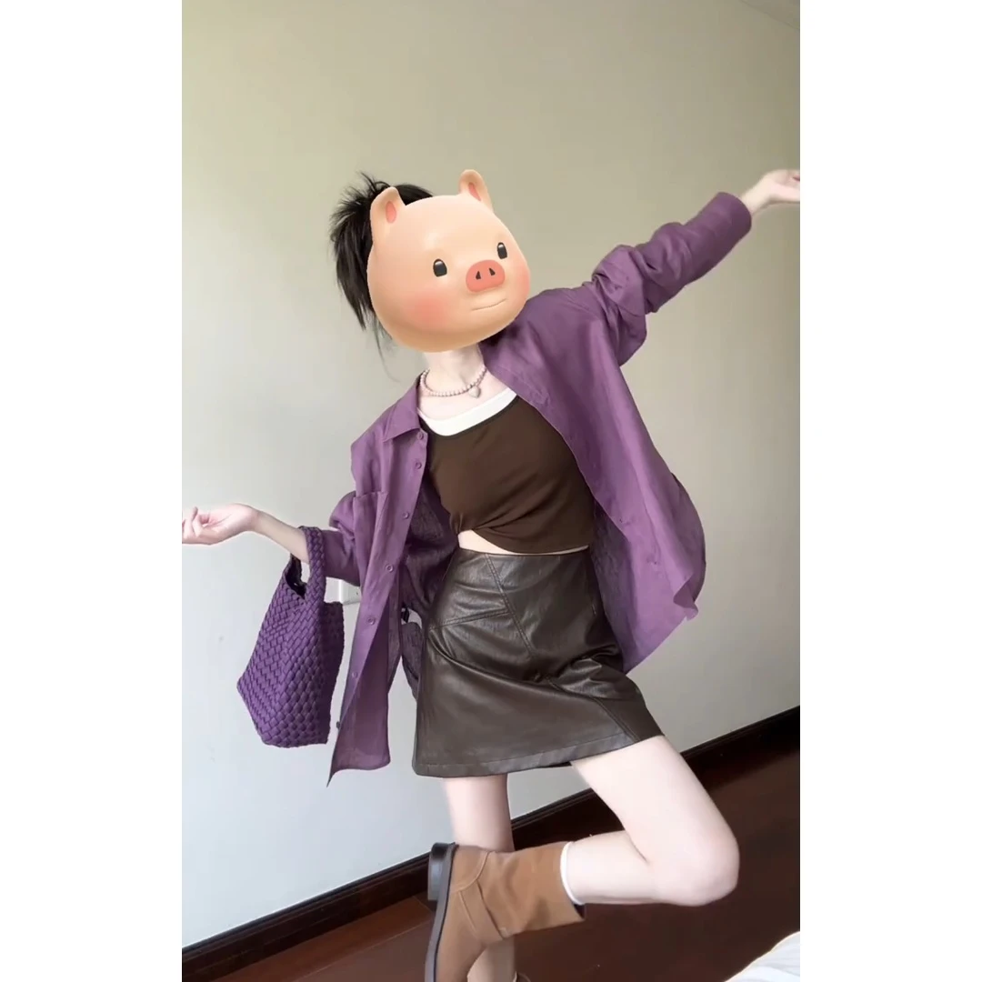 早秋季穿搭一整套女长袖衬衫外套内搭短款小上衣时尚高腰半身皮裙