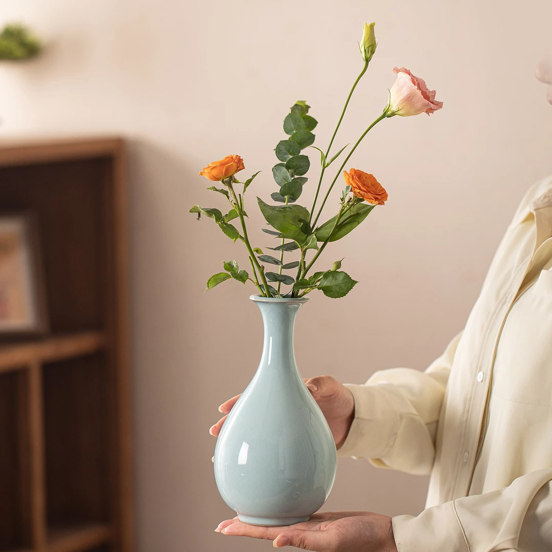 陶瓷汝窑玉壶春花瓶中式禅意家居装饰插花器客厅桌面鲜花干花摆件