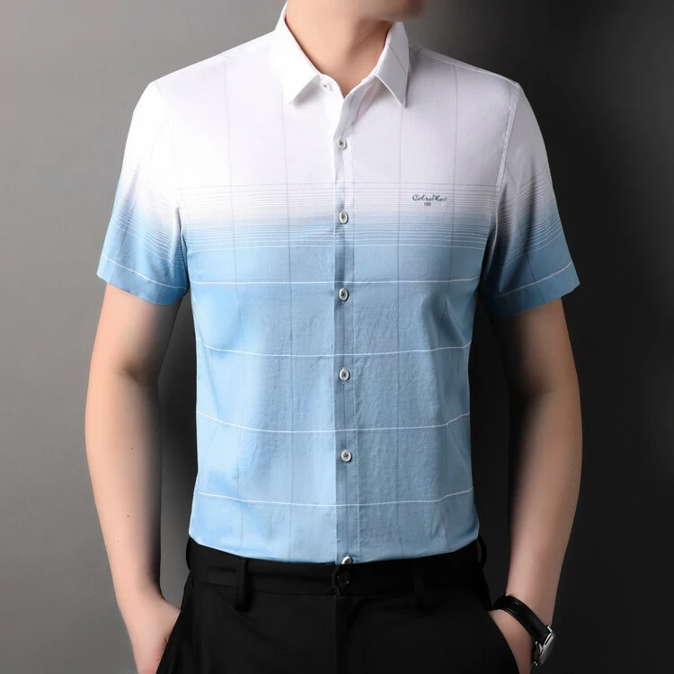 男士短袖衬衫潮流上衣格子夏季薄款格纹渐变时尚休闲宽松韩版衬衣