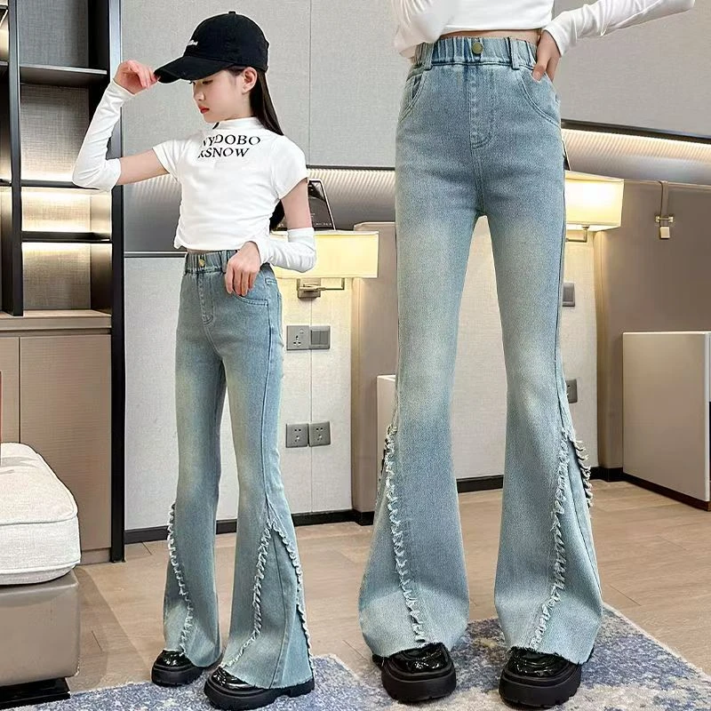 女童牛仔裤春秋新款儿童洋气春装喇叭裤中大童春季时尚修身喇叭裤