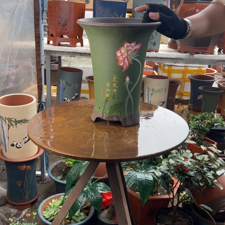 宜兴紫砂花盆花盆一念花开绿色大号