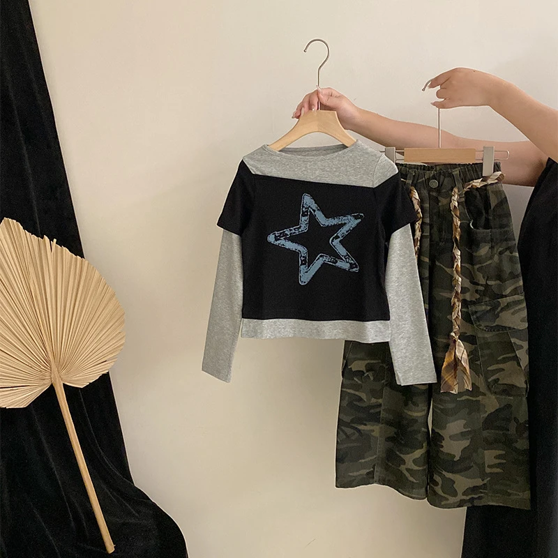 【安安家】女童秋季新款假两件印花上衣迷彩工装裤子两件套潮R25497