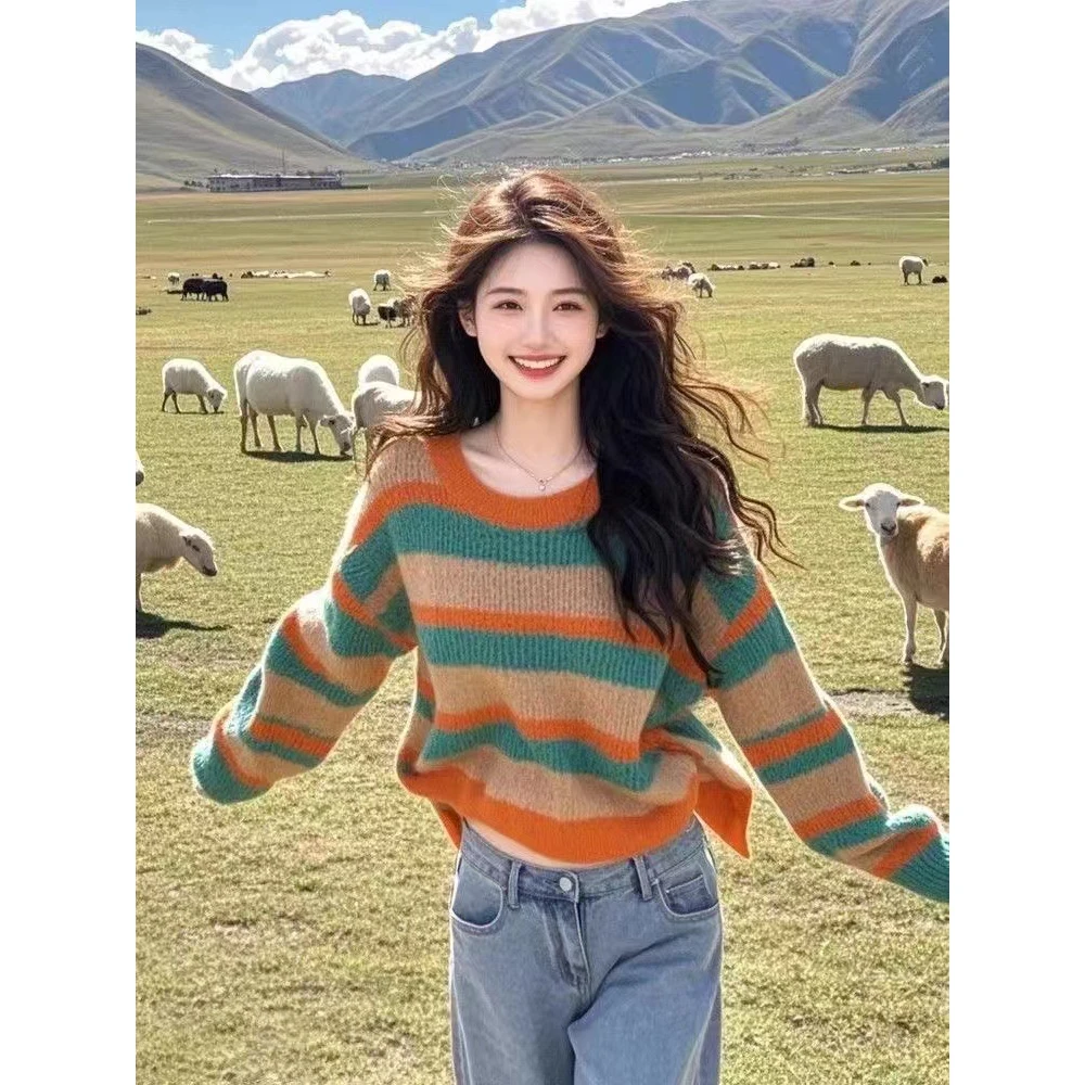 秋冬独特别致撞色条纹慵懒风毛衣针织打底衫女设计感宽松长袖上衣
