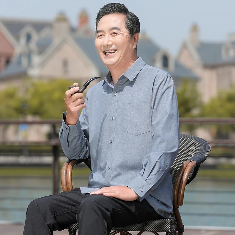 中老年衬衣男春秋新款长袖套装爸爸夏装衬衫爷爷夏季薄款男士衣服