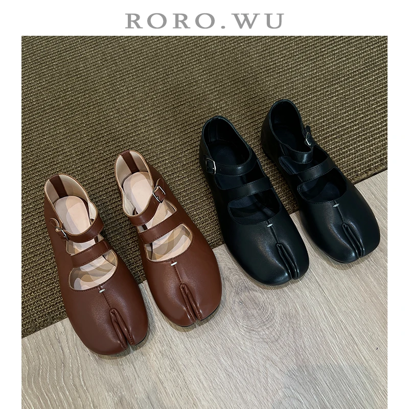 娆娆吴·羊皮四季款分趾百搭简约复古风浅口文艺扣带单鞋女鞋D715
