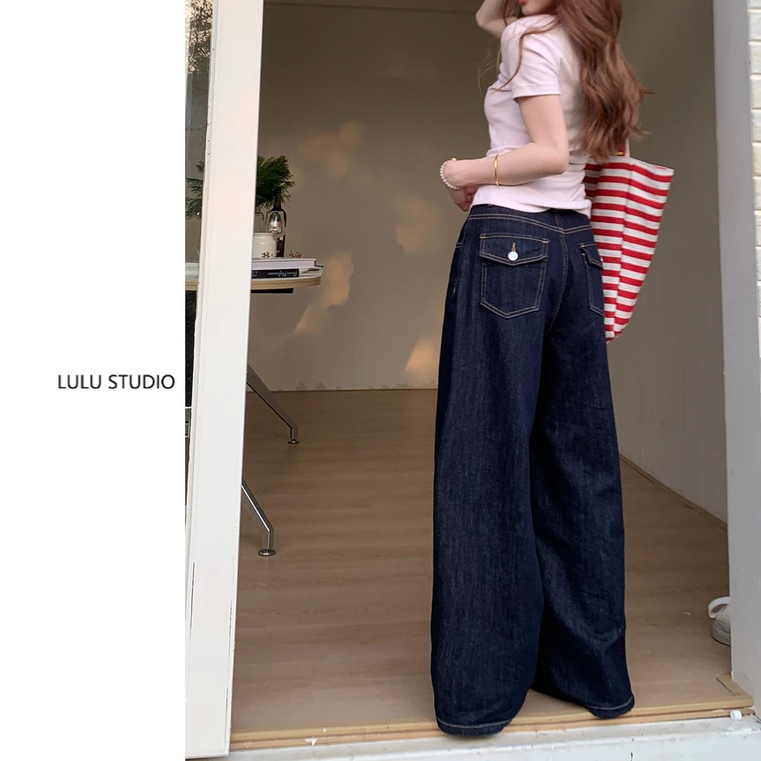 【V3鹿鹿】韩系百搭深蓝色后口袋装饰立体袋阔腿牛仔裤 V36530