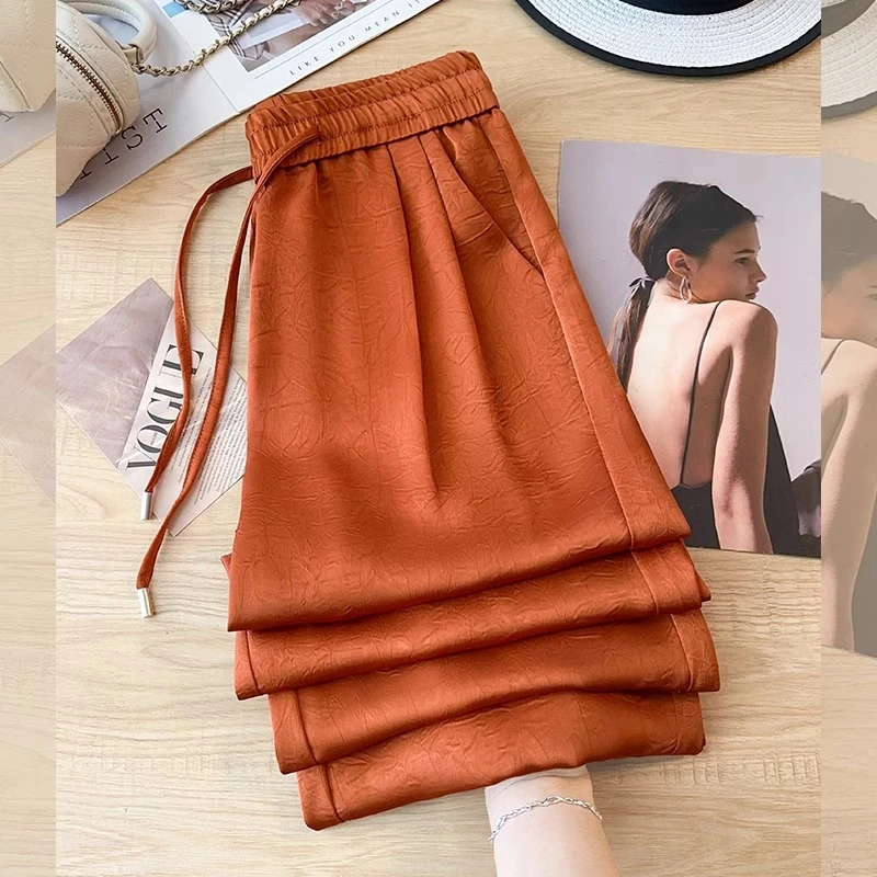 高级感醋酸阔腿裤女春夏季2025新款显瘦垂感休闲裤国风印花直筒裤