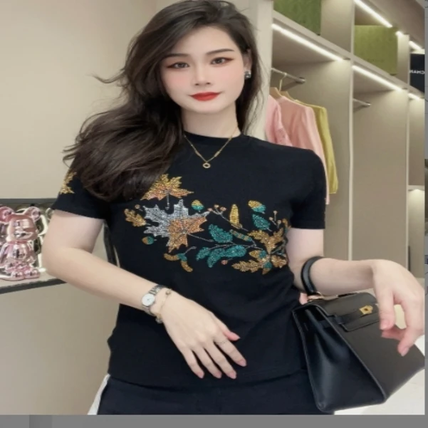 新款重工翩翩枫叶烫钻T恤QYTB1175