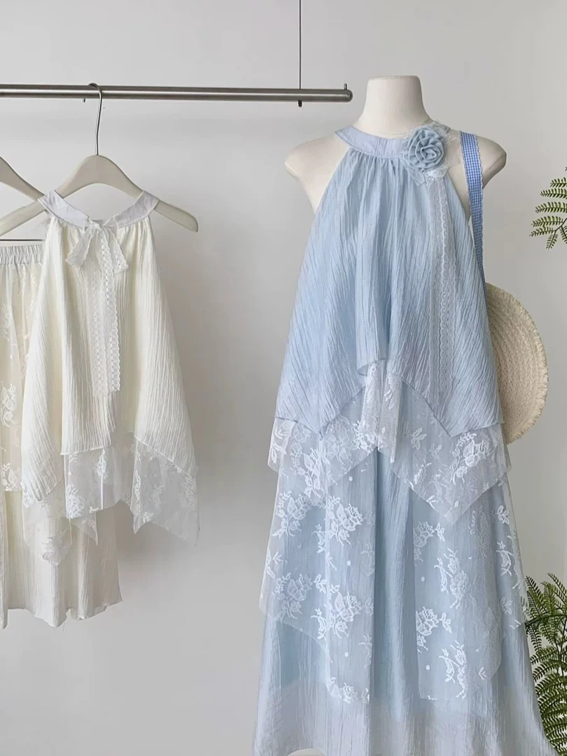 （直播间链接）夏季法式温柔薄荷风度假显瘦蕾丝拼接不规则无袖裙