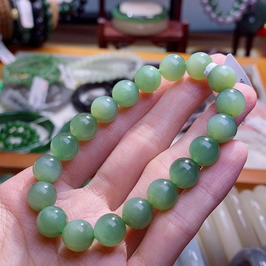 和田玉手镯未镶嵌碧玉粉青猫眼手串9.5MM