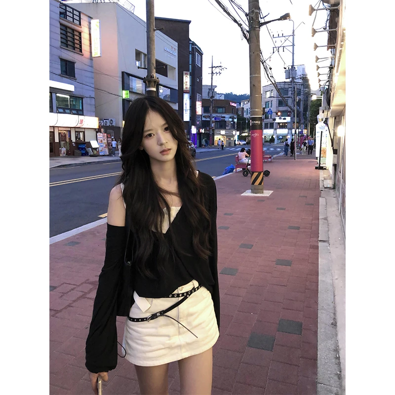 韩系薄款微透罩衫松弛感慵懒休闲长袖针织上衣高腰白色a字半身裙