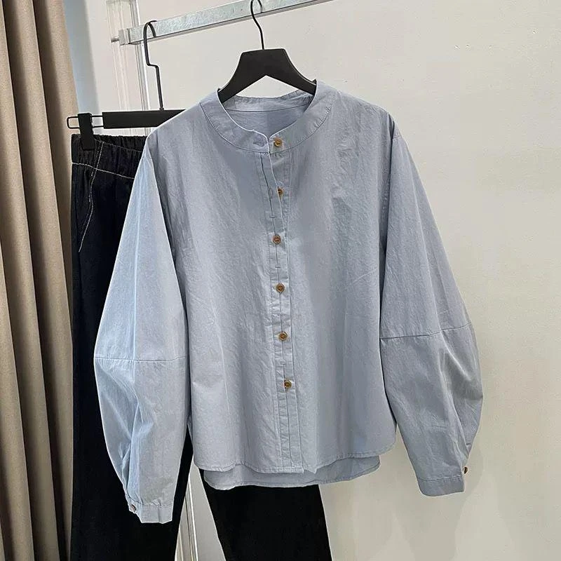 纯棉港风时尚双门襟小立领长袖衬衫减龄上衣2024春秋新款宽松衬衣