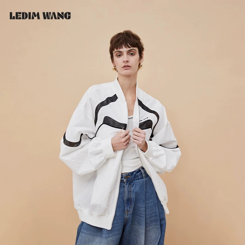 ledim wang网眼撞色刺绣宽松显瘦轻薄外套女又a又飒运动风上衣