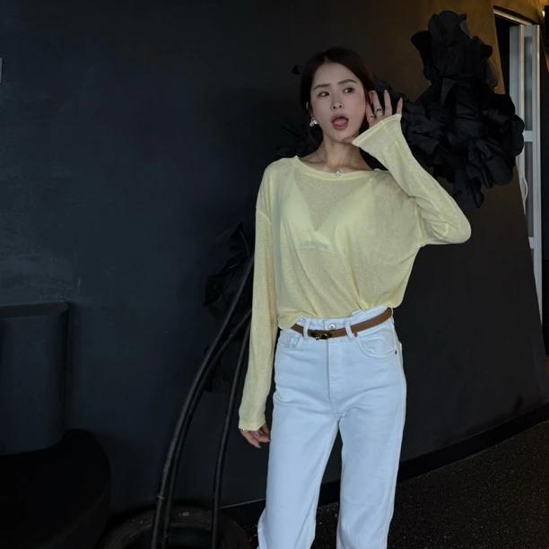 韩系圆领软糯简约休闲百搭长袖体恤女2025春夏薄款防晒打底上衣