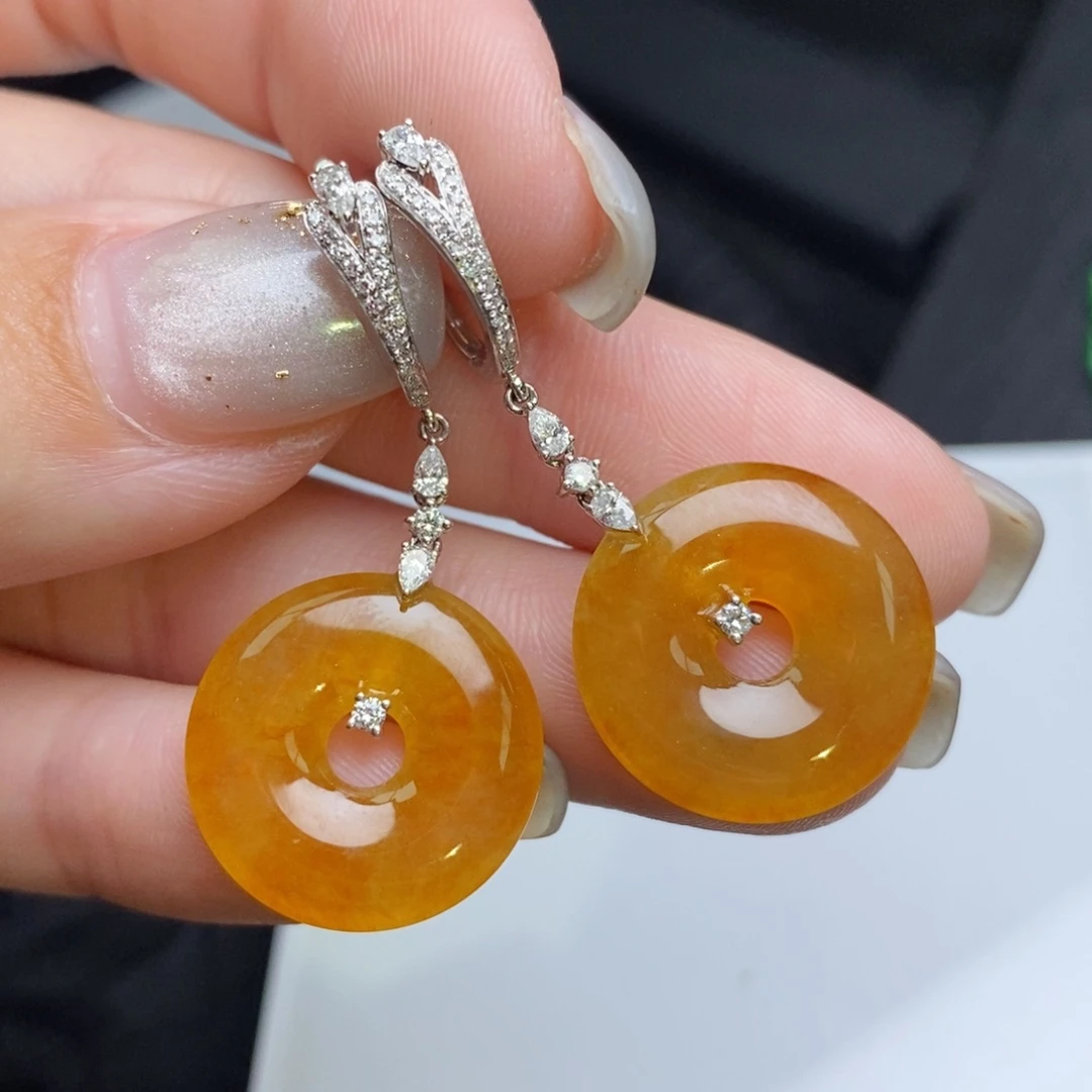 翡翠18K金镶嵌耳饰冰红翡甜甜圈