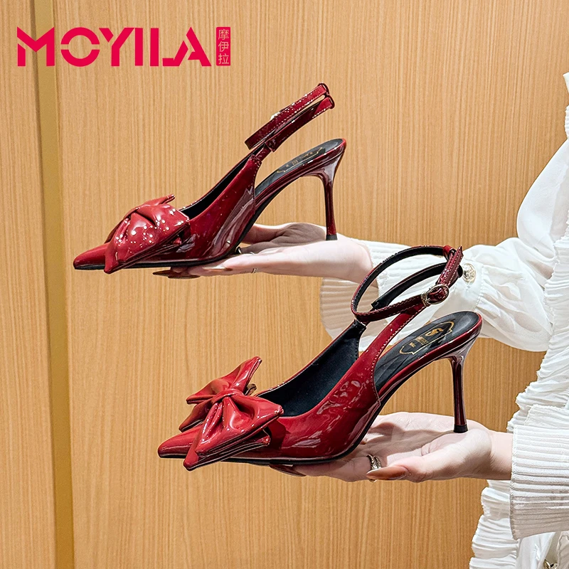 摩伊拉拜年穿搭红色高跟鞋蝴蝶结细跟尖头夏季一字带百搭浅口漆皮