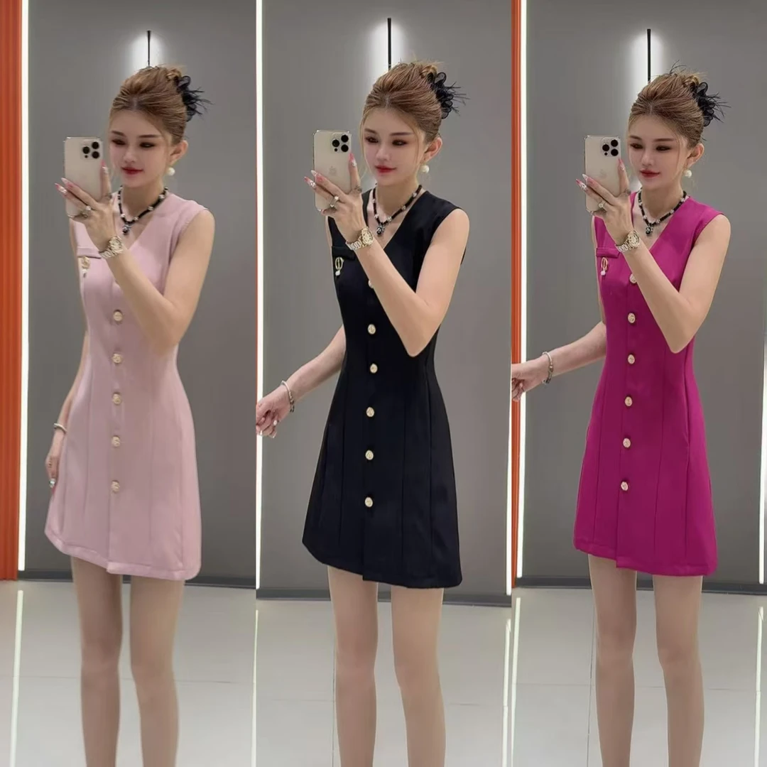 最新款0155 气质清爽纯色拼接收腰减龄单排扣开衫马甲连衣裙