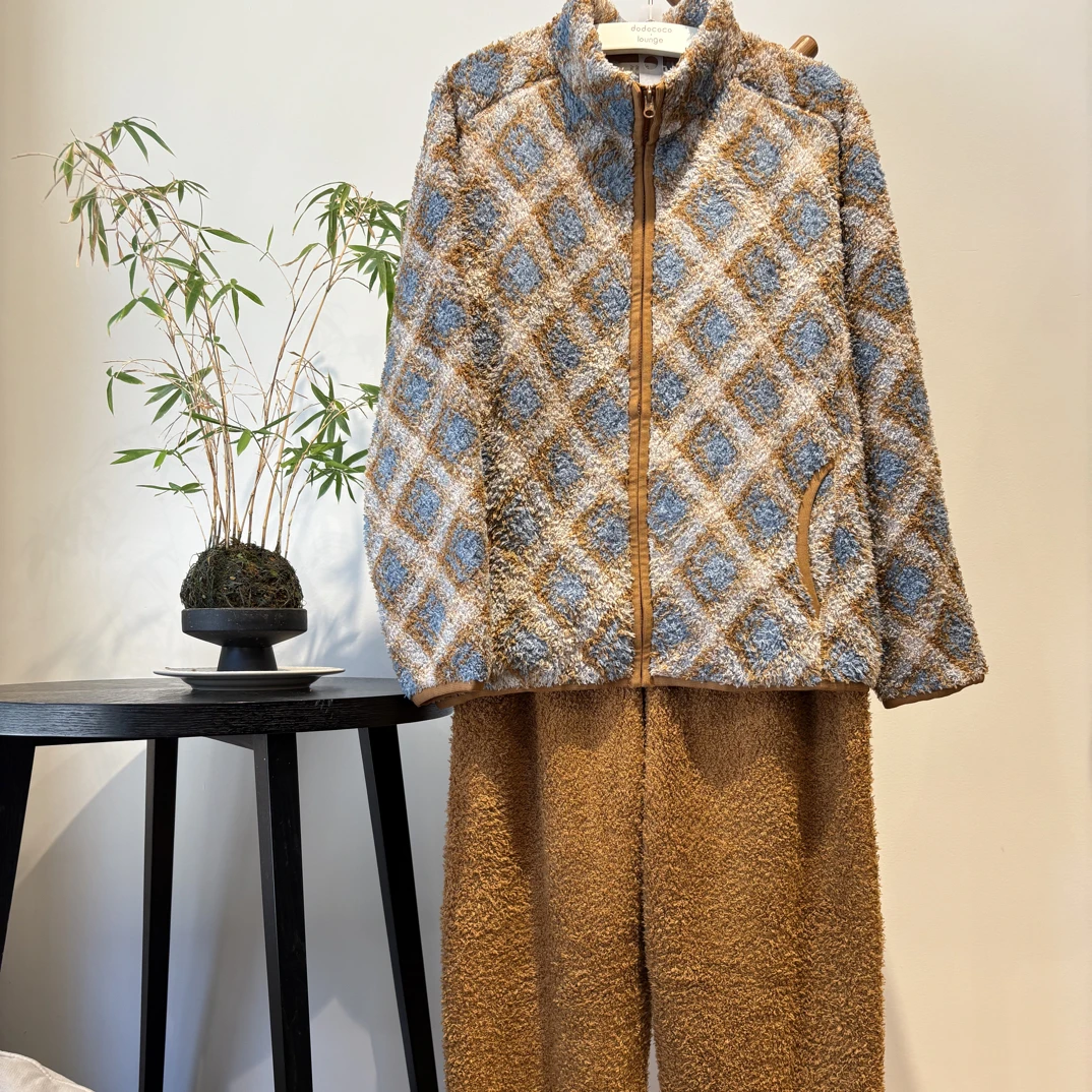 252-436朵朵睡衣男秋冬新款立领拉链保暖珊瑚绒格纹家居服套装
