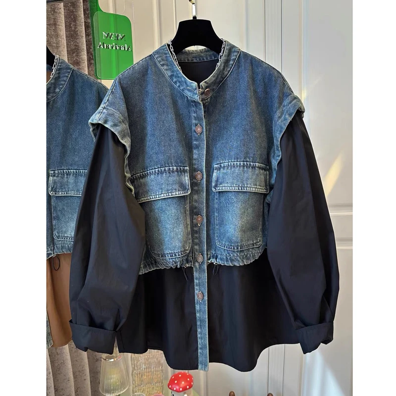 牛仔拼接圆领假两件外套 春季新款宽松休闲时尚气质长袖薄款 2086