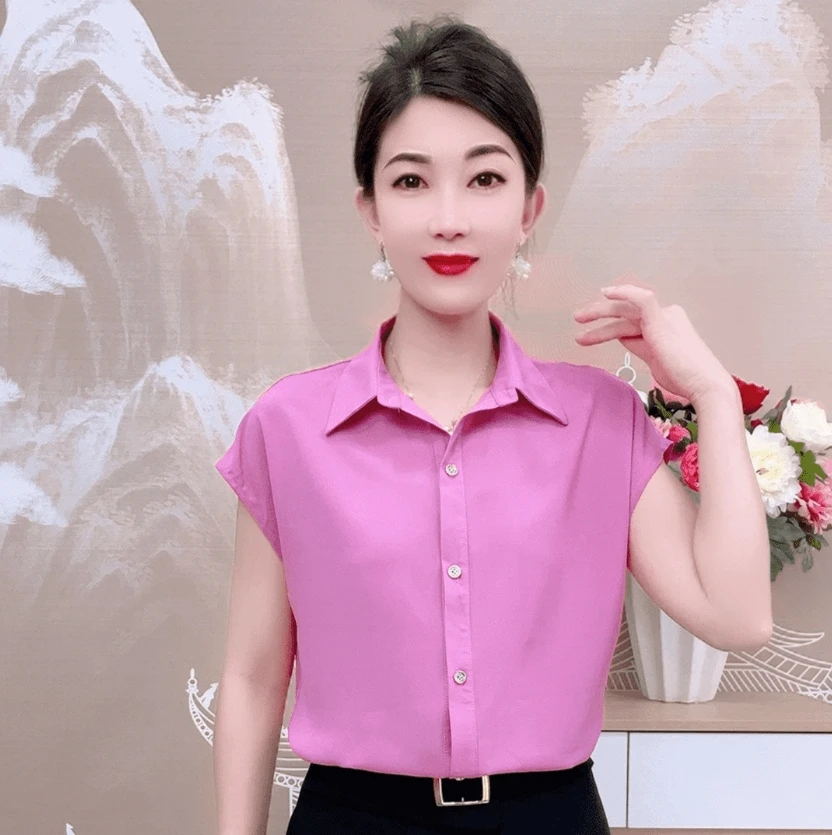 纯色美林麻薄款女士夏季宽松缎面衬衫翻领衬衣中性风轻熟风667