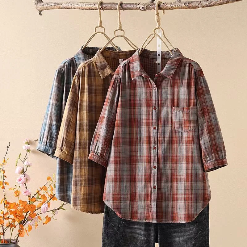 2025格子衬衫女纯棉五分袖宽松显瘦衬衣夏秋新款港风百搭上衣外套