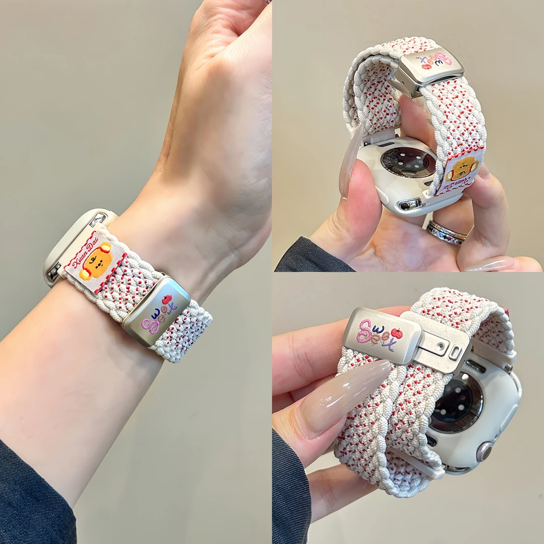 适用华为fit4表带卡通小熊插画fit4pro手表编织磁吸fit3尼龙腕带