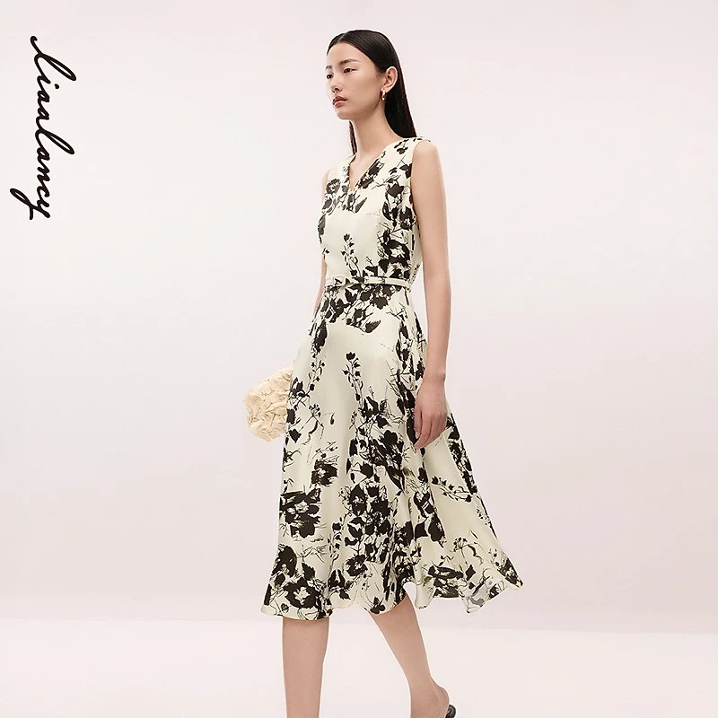 LANCY/朗姿【商场同款】25夏季新款水墨印花气质V领收腰无袖中国