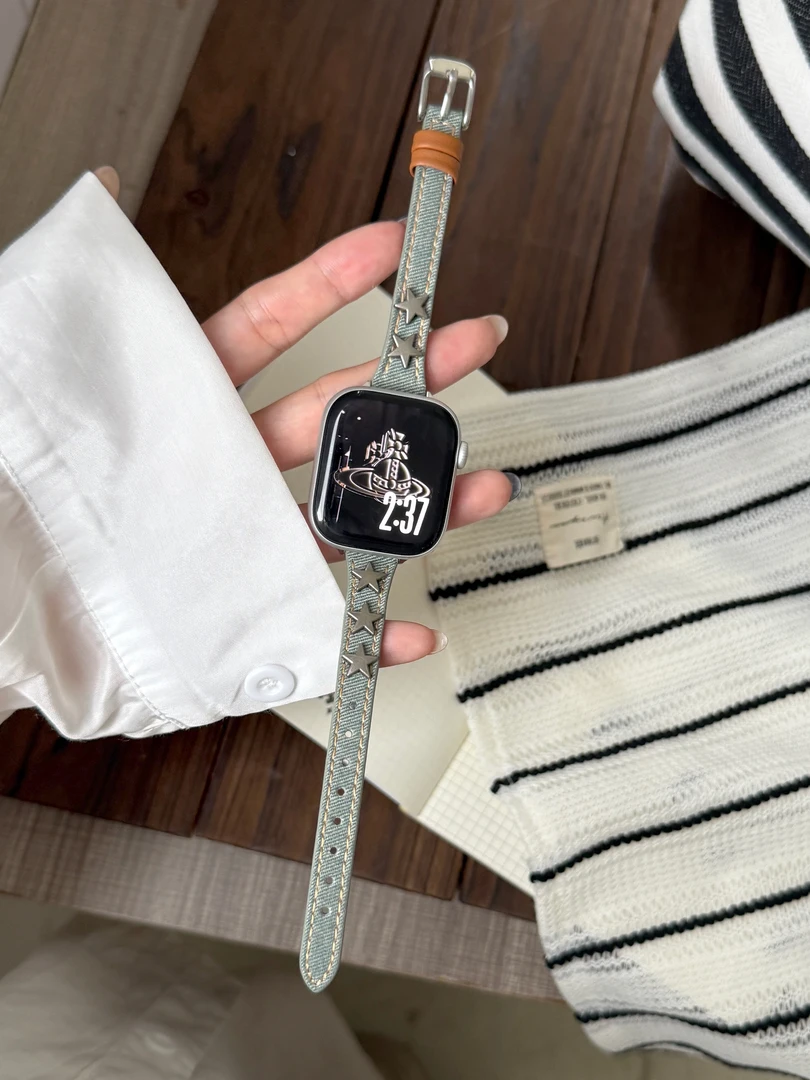 适用苹果iWatchs10星星牛仔帆布皮质表带s9s8s7高级感细款男女se2