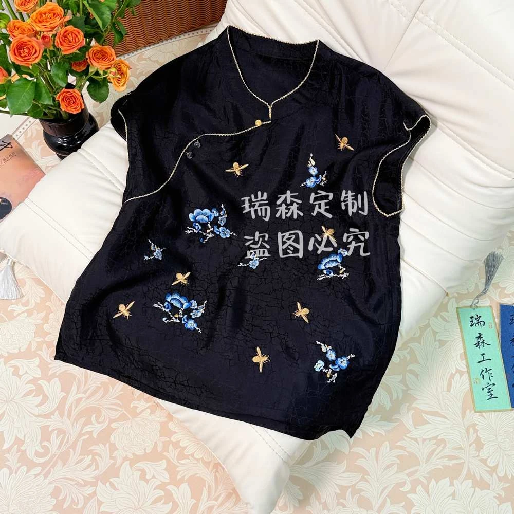 1059 国风龟纹刺绣旗袍立领T恤上衣夏季-胸围100-前长54-后长59