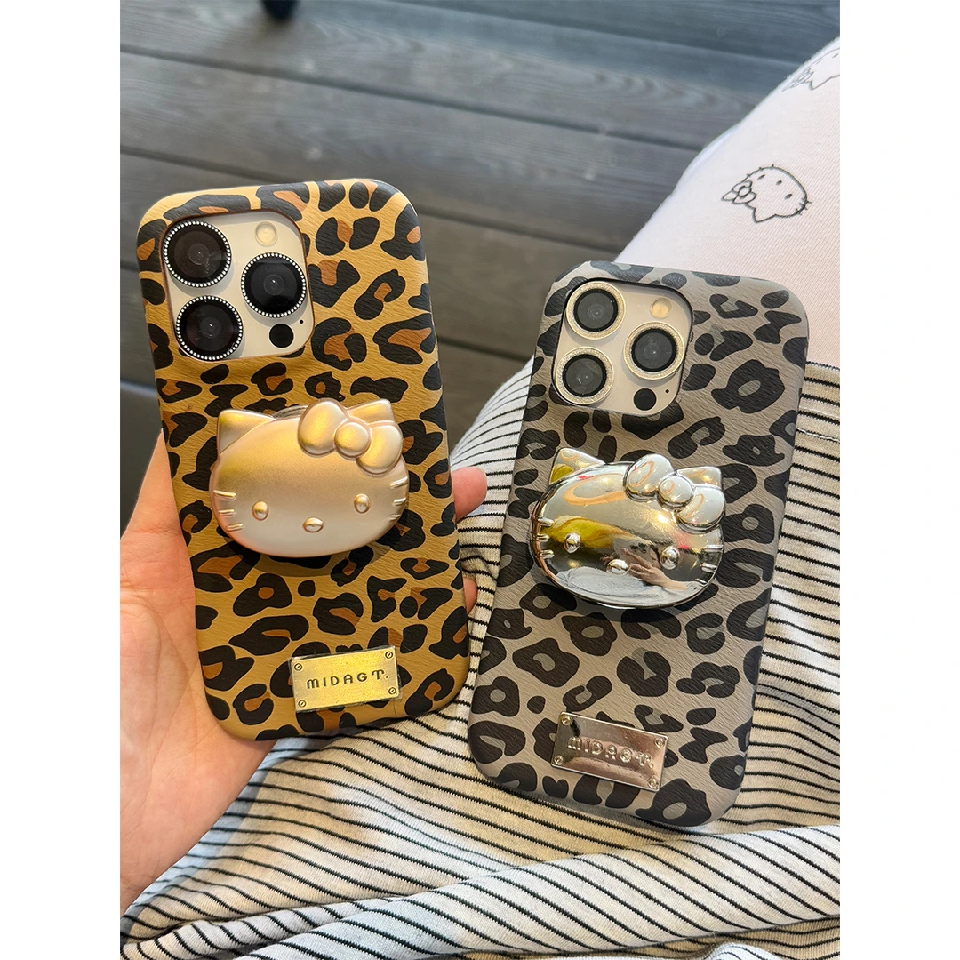 适用苹果16手机壳iPhone15/14promax可爱豹纹kt金属支架保护套