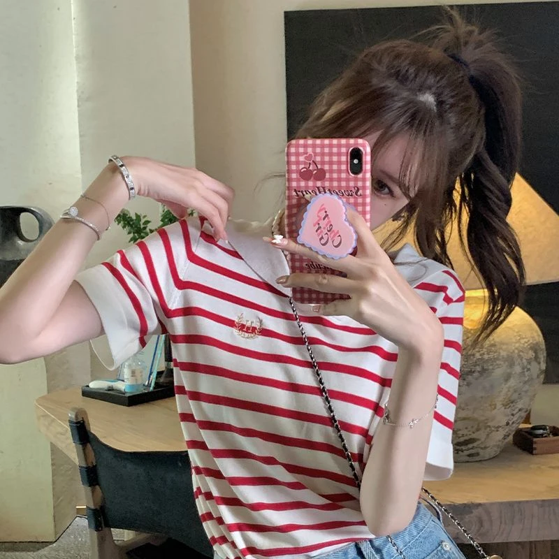 条纹冰丝针织t恤女夏季学院风海魂衫设计感小众宽松正肩短袖上衣