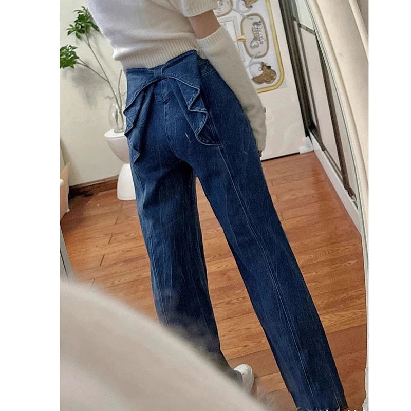 刘亦菲同款后背俏皮立体蝴蝶结设计感直筒高腰牛仔裤线条阔腿裤子