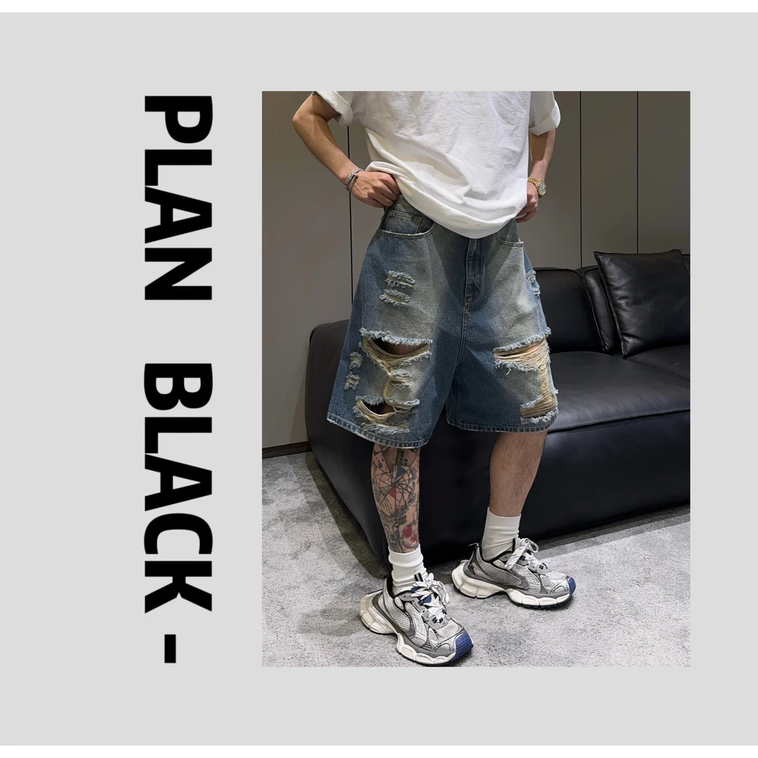 RICH陈发财【破洞联盟】新款破洞设计五分裤宽松休闲牛仔短裤3799