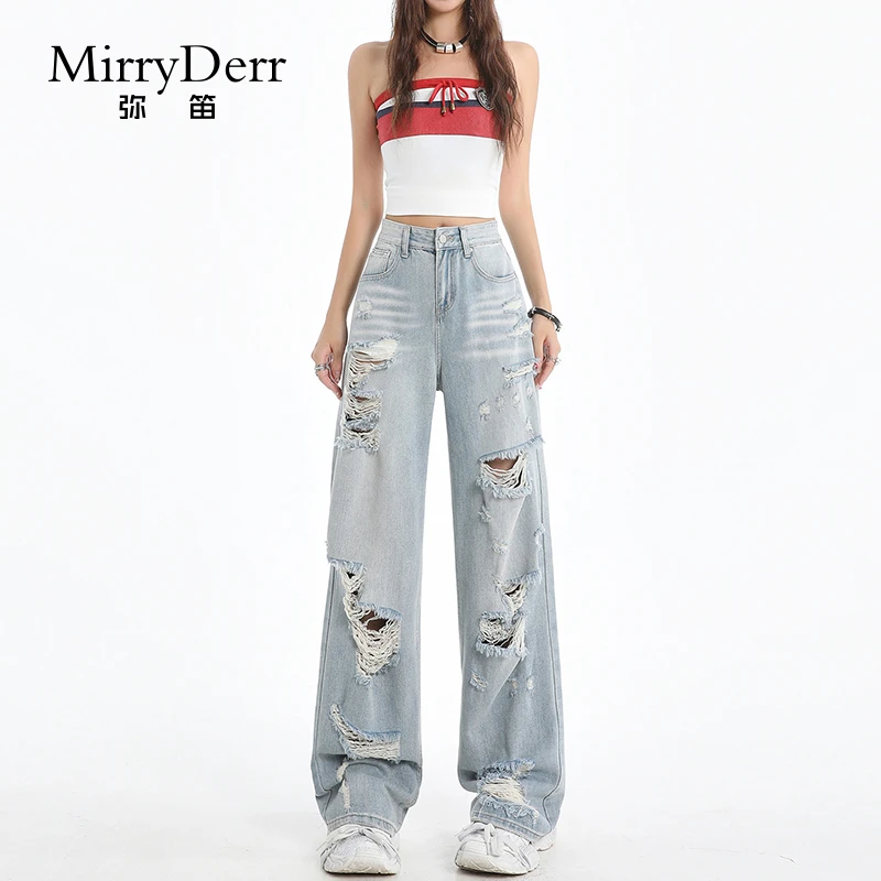 MirryDerr/弥笛破洞天丝牛仔裤女2025夏季新款高腰宽松阔腿直筒裤