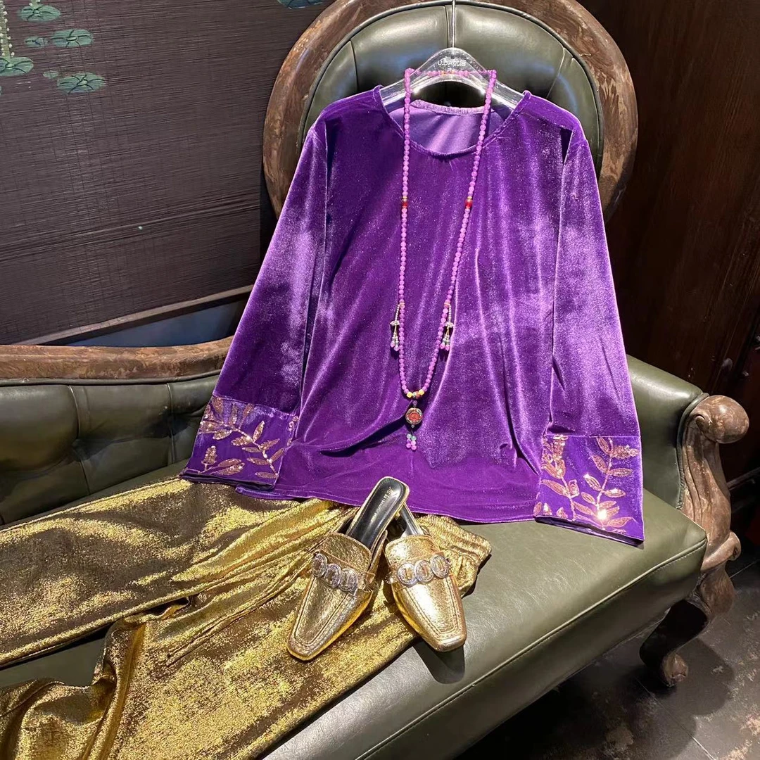 【衣多多】时尚百搭重工亮片拼接丝绒圆领T恤打底