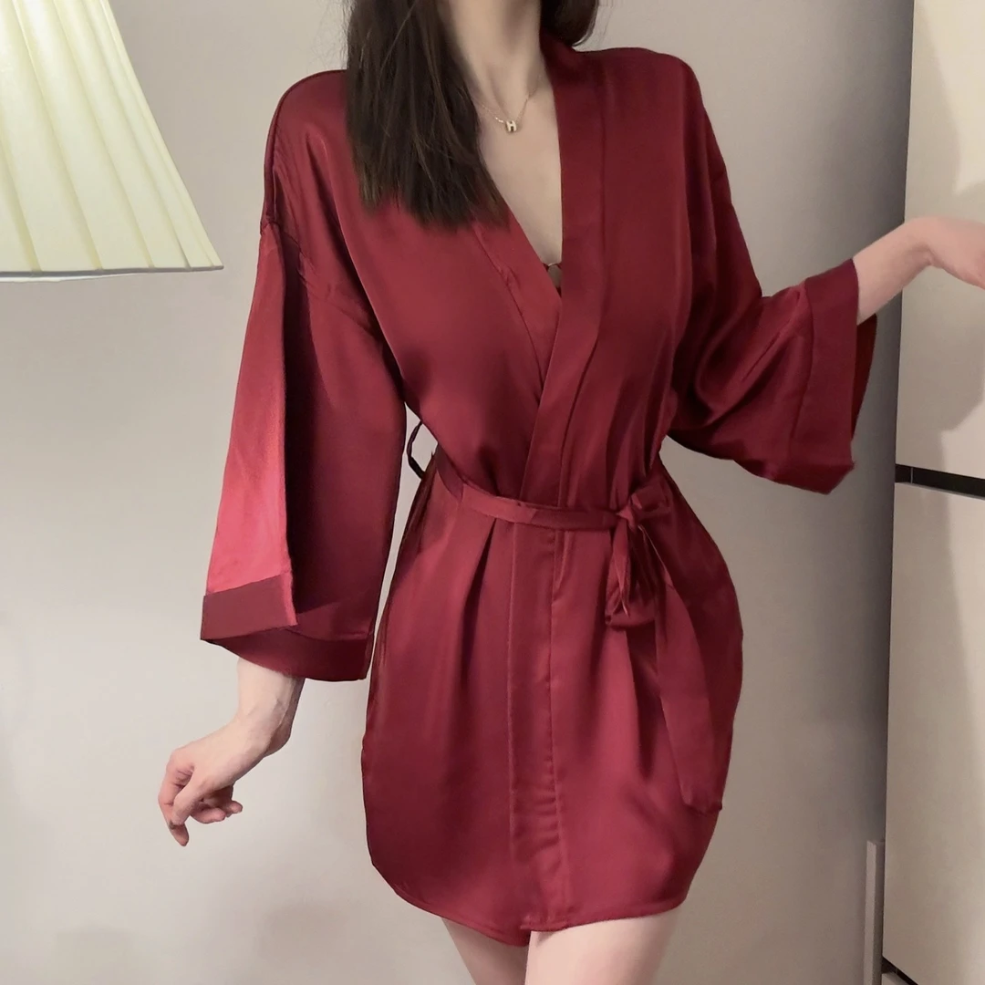 拖鞋汉服夏季性感晨袍缎面薄款开衫系带睡袍大码浴袍家居服女套装